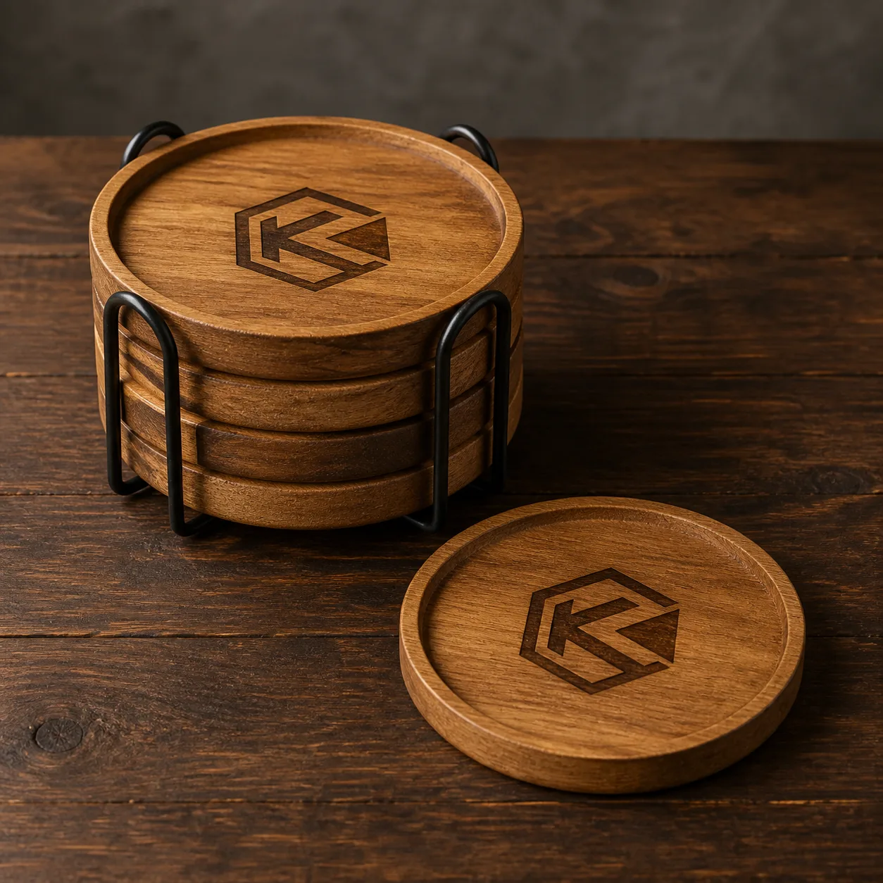 A stack of wooden coasters engraved with the KDW mark.