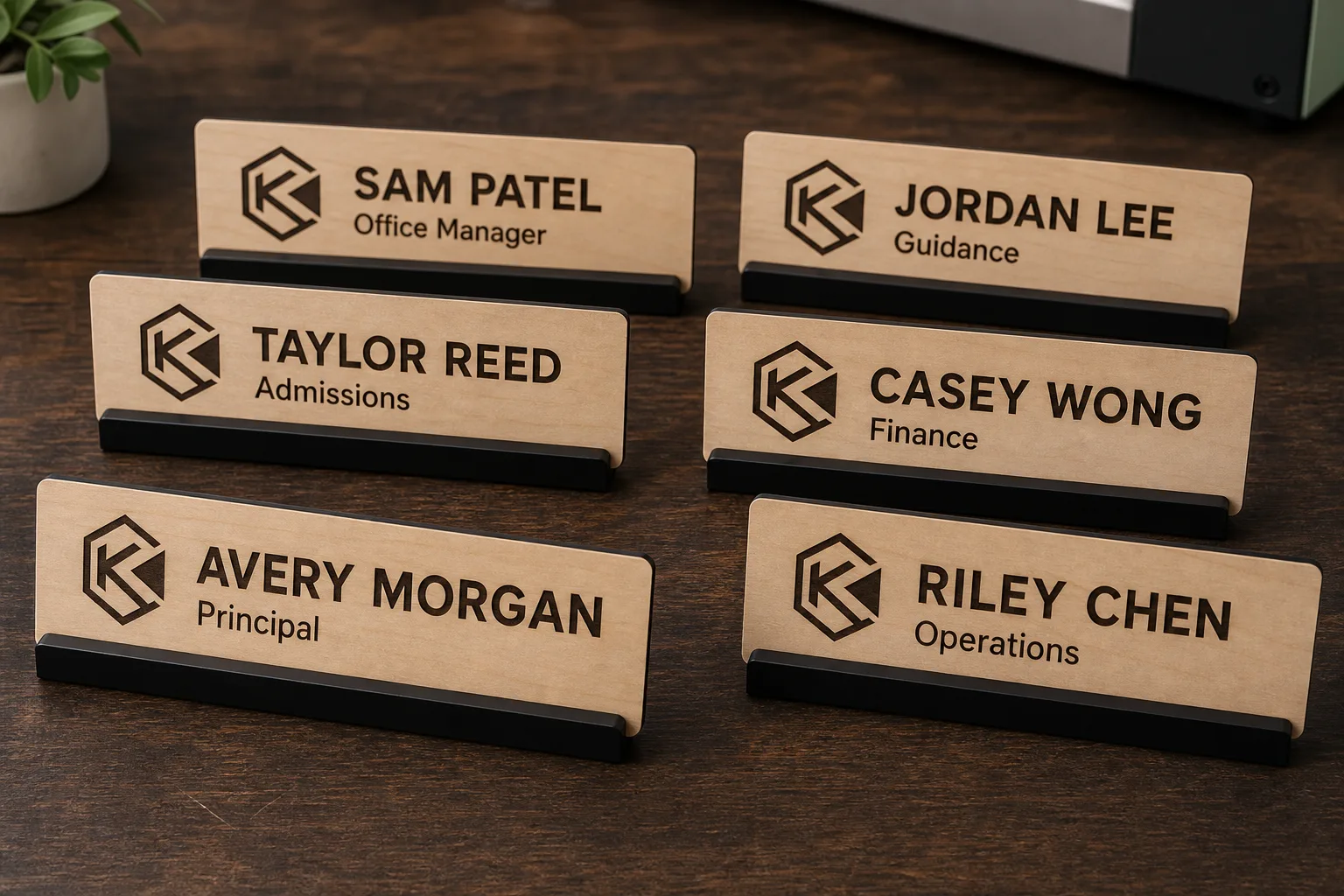 Six wooden desk nameplates with names and titles.