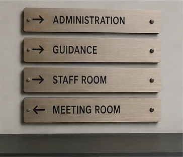 A stacked set of directional signs: Administration, Guidance, Staff Room, Meeting Room.